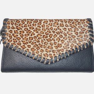 AIMEE KESTENBERG SPELLO WALLET/WRISTLET, BLACK LEATHER/LEOPARD PRINT, NWT